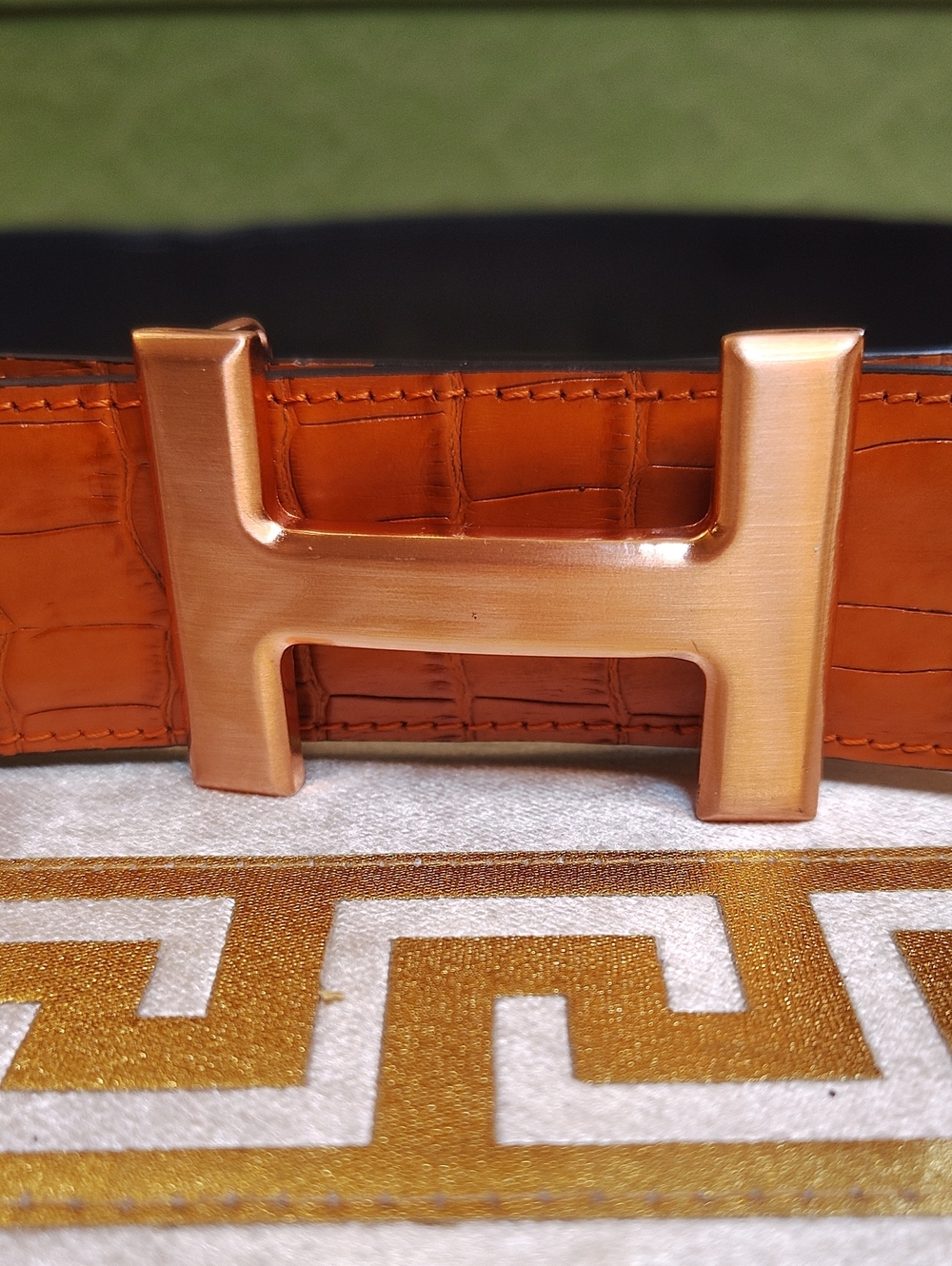 H Logo Buckle Croc-Embossed Leather Belt in Cognac